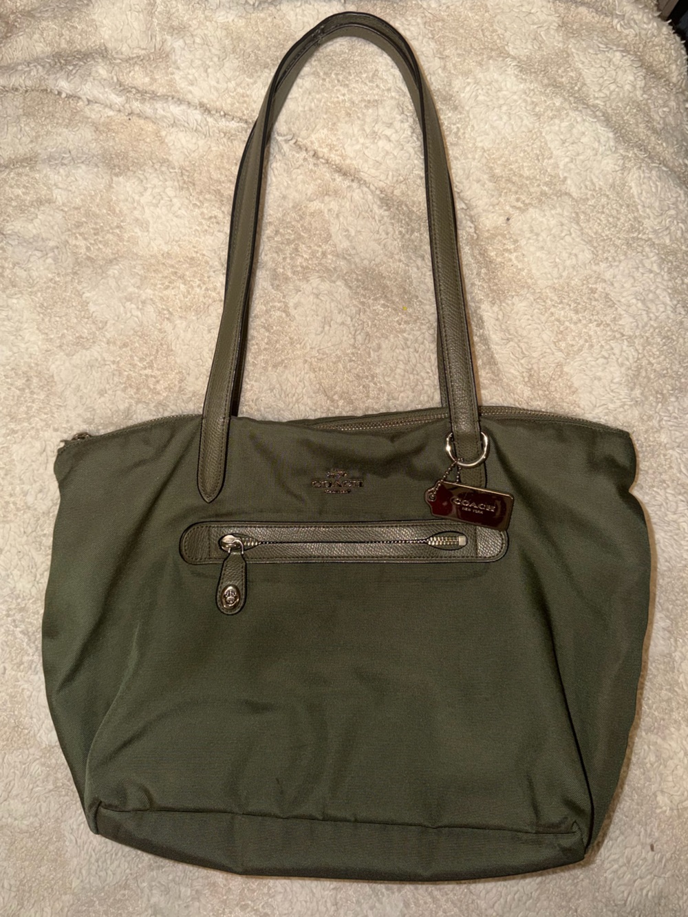 Coach Olive Green Nylon Shoulder Bag with Front Zip Pocket